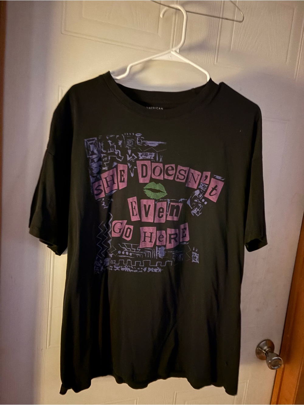 American Eagle Outfitters Black Graphic Tee with Pink & Green Print